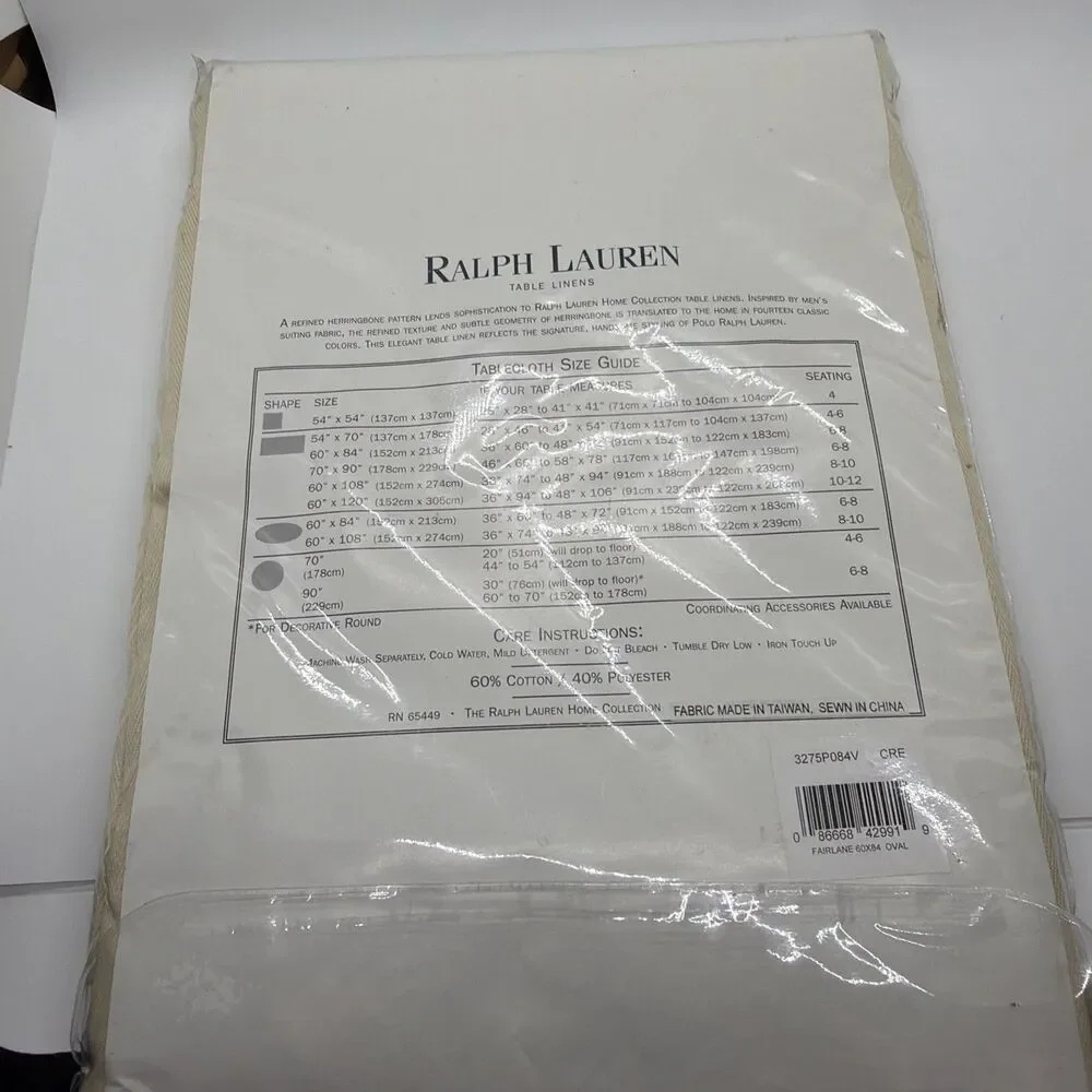 New NOS 90s Ralph Lauren Home Collection Table Linens~ Fairlane 60x84 Oval Cream
